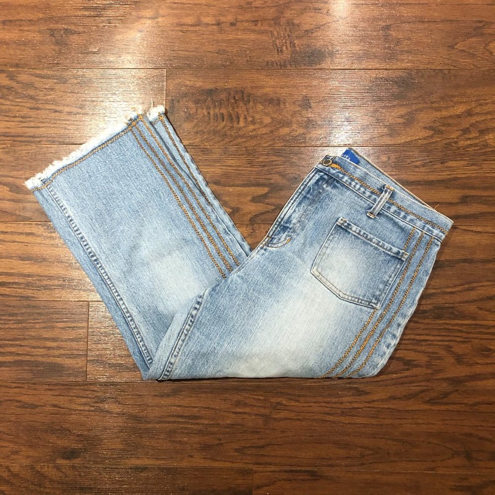 Vintage Embroidered Desert Blues Relaxed High Rise, Light Wash Capris Jeans